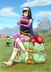 Rule 34 | 1girl, belt, black hair, boots, breasts, bustier, cape, cleavage, colored skin, crossed legs, dragon quest, dragon quest x, dwarf (dq10), earrings, elbow gloves, unworn eyewear, glasses, gloves, green eyes, green skin, head rest, highres, holding, holding removed eyewear, hoop earrings, human furniture, jewelry, knee boots, kosatsune, long hair, long legs, multiple belts, pink gloves, pink thighhighs, red-framed eyewear, runana (dq10), sitting, sitting on person, skirt, striped, swept bangs, thighhighs, vertical stripes