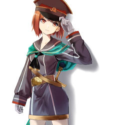 Rule 34 | 10s, 1girl, alternate costume, belt, brown eyes, brown hair, dress, gloves, hat, highres, kantai collection, long sleeves, military hat, ruisento, sailor collar, sailor dress, short hair, solo, sword, weapon, white background, white gloves, z3 max schultz (kancolle)