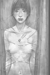 Rule 34 | blood, box, breasts, guro, highres, hiroaki samura, in box, in container, monochrome, navel, nipples, nude, pencil, realistic, scan, short hair, solo, tears, torture