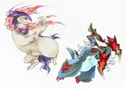 Rule 34 | creatures (company), dual wielding, facial hair, fang, fire, fire, floating, fur, game freak, ghost, highres, hisuian form, hisuian samurott, hisuian typhlosion, holding, holding weapon, nintendo, no humans, pointing, pokemon, red eyes, sweet sardine, sword, weapon, whiskers, white background