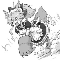 Rule 34 | 1girl, animal ear fluff, animal ears, animal feet, animal hands, apron, bell, blush, bow, breasts, cat paws, claws, closed eyes, collar, commentary request, fangs, fate/grand order, fate (series), fox ears, fox girl, fox tail, frills, full body, greyscale, hair bow, highres, jingle bell, kusama takato, long hair, maid apron, maid headdress, monochrome, neck bell, open mouth, paw print, ponytail, running, short sleeves, sidelocks, smile, smoke, solo, tail, tamamo (fate), tamamo cat (fate), tamamo cat (second ascension) (fate), thighhighs, tongue