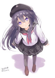 Rule 34 | 1girl, :o, absurdres, akatsuki (kancolle), black hat, black sailor collar, black skirt, blush, brown footwear, commentary request, flat cap, full body, grey pantyhose, hair between eyes, hat, head tilt, highres, hizaka, kantai collection, loafers, long hair, long sleeves, looking at viewer, neckerchief, pantyhose, parted lips, pink neckerchief, pleated skirt, purple eyes, purple hair, sailor collar, school uniform, serafuku, shadow, shirt, shoes, signature, skirt, sleeves past wrists, solo, standing, twitter username, very long hair, white shirt