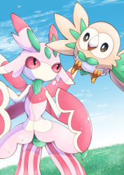 Rule 34 | bird, cloud, commentary request, creatures (company), day, eye contact, game freak, gen 7 pokemon, grass, highres, looking at another, lurantis, nintendo, no humans, outdoors, owl, pokemon, pokemon (creature), rowlet, signature, sky, standing, tanpakuroom