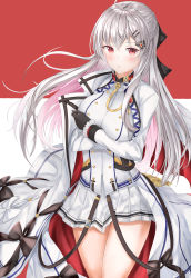 Rule 34 | 1girl, absurdres, bare legs, black gloves, blush, breasts, cloak, crossed arms, flag background, girls&#039; frontline, gloves, hair ribbon, highres, iws 2000 (girls&#039; frontline), long hair, looking at viewer, medium breasts, multicolored hair, red eyes, ribbon, silver hair, smile, solo, takechii