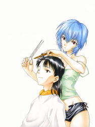 Rule 34 | 1980s (style), 1990s (style), 1boy, 1girl, absurdres, ayanami rei, bare shoulders, black hair, blue hair, breasts, brown eyes, casual, cleavage, collarbone, comb, cutting hair, expressionless, fingernails, groin, highres, ikari shinji, long hair, midriff, mullet, navel, neon genesis evangelion, neon genesis evangelion anima, no bra, oldschool, one eye closed, palms, parted lips, red eyes, retro artstyle, scissors, short hair, short shorts, shorts, strap slip, unzipped, utatane hiroyuki, white background, wink