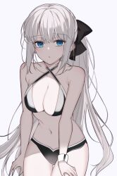 Rule 34 | 1girl, bare shoulders, bikini, black bow, blue eyes, blush, bow, braid, breasts, cleavage, closed mouth, collarbone, fate/grand order, fate (series), french braid, grey hair, hair between eyes, hair bow, highres, long hair, long sleeves, looking at viewer, mati5572, medium breasts, morgan le fay (fate), navel, ponytail, sidelocks, simple background, solo, swimsuit, thighhighs, thighs, very long hair, white background
