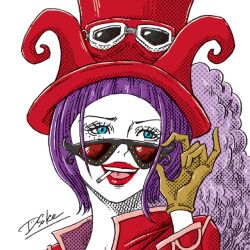 Rule 34 | 1girl, belo betty, blue eyes, bob cut, cigarette, close-up, commentary, dsuke f, gloves, goggles, goggles on headwear, hat feather, jacket, one piece, purple hair, red-tinted eyewear, red headwear, red jacket, red lips, signature, simple background, smile, solo, sunglasses, tinted eyewear, white background
