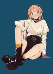 Rule 34 | 1girl, :&gt;, absurdres, belt collar, black shorts, black undershirt, blue background, blush, boots, closed mouth, collar, commentary, crossed legs, doc martens, full body, green eyes, hand on ground, highres, invisible floor, long sleeves, looking to the side, medium hair, orange hair, original, ozorano megane, shirt, shorts, simple background, sitting, socks, solo, swept bangs, twintails, v-neck, white shirt, yellow socks
