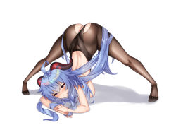 Rule 34 | 1girl, absurdres, ahoge, artist request, ass, black pantyhose, blue hair, blush, breasts, brown eyes, butt crack, embarrassed, ganyu (genshin impact), genshin impact, goat horns, hanging breasts, highres, horns, jack-o&#039; challenge, large breasts, leotard, long hair, looking at viewer, pantyhose, parted lips, shadow, shiny clothes, shiny skin, solo, spread legs, thighs, top-down bottom-up, topless, torn clothes, very long hair, white background, wide spread legs