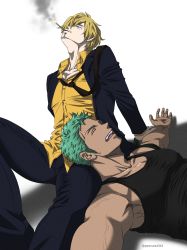 Rule 34 | 2boys, alternate costume, armpits, black tank top, blonde hair, cigarette, couple, cowboy shot, green hair, hair over one eye, highres, lap pillow, large pectorals, male focus, multiple boys, muscular, necktie, one piece, pants, pectorals, pinattsu, roronoa zoro, sanji (one piece), scar, scar on face, short hair, sidepec, sleeping, sleeping on person, smoking, tank top, toned, toned male, white background, yaoi