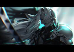 Rule 34 | 1boy, absurdres, aqua eyes, armor, black coat, blurry, blurry background, blurry foreground, closed mouth, coat, commentary, eyes visible through hair, final fantasy, final fantasy vii, final fantasy vii rebirth, final fantasy vii remake, floating hair, glowing, glowing eyes, highres, long hair, looking at viewer, male focus, masamune (ff7), nijagen, parted bangs, parted lips, sephiroth, shoulder armor, smile, solo, upper body