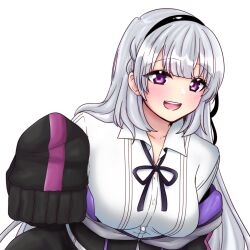 Rule 34 | 1girl, amatsu marei, arm at side, assault lily, black hairband, black jacket, black ribbon, blunt bangs, braid, breasts, buttons, collarbone, collared shirt, commentary request, grey hair, hair ribbon, hairband, hand up, highres, jacket, large breasts, leaning forward, light blush, long hair, long sleeves, looking at viewer, neck ribbon, off shoulder, open mouth, purple eyes, ribbon, shirt, side braid, simple background, sleeves past fingers, sleeves past wrists, smile, solo, standing, teeth, tora (yoaq151bibozrrb), upper body, upper teeth only, very long hair, white background, white shirt