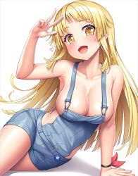 Rule 34 | 10s, 1girl, arm support, bang dream!, blonde hair, breasts, cleavage, feet out of frame, heart, lambda (kusowarota), large breasts, long hair, naked overalls, naked suspenders, no bra, open mouth, overalls, solo, suspenders, tsurumaki kokoro, v, white background, yellow eyes