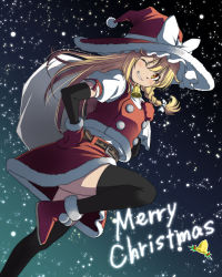 Rule 34 | 1girl, arm warmers, bag, bell, belt, black thighhighs, blonde hair, blush, boots, braid, carrying over shoulder, christmas, dutch angle, grin, hair ribbon, hand on own hip, hat, hat ribbon, highres, holly, inuno rakugaki, kirisame marisa, leg up, long hair, looking at viewer, merry christmas, mittens, night, night sky, one eye closed, pom pom (clothes), red mittens, ribbon, santa costume, santa hat, side braid, sky, smile, snow, solo, thighhighs, touhou, tress ribbon, v-shaped eyebrows, witch hat, yellow eyes