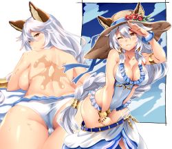 Rule 34 | 10s, 1girl, animal ears, ass, blush, braid, breast press, breasts, brown eyes, cat ears, cleavage, covered navel, ears through headwear, erune, flower, from behind, granblue fantasy, hair between eyes, hair intakes, hair tubes, hairband, hat, hat flower, heles, heles (summer) (granblue fantasy), jewelry, large breasts, leaning forward, long hair, looking at viewer, looking to the side, lying, midriff, multiple views, navel, on stomach, one eye closed, parted lips, partially visible vulva, sarong, shinozuka atsuto, shiny skin, sideboob, silver hair, single braid, straw hat, sun hat, thighs, topless, very long hair