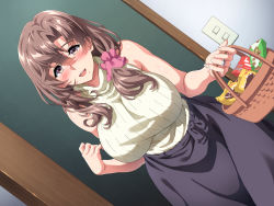 Rule 34 | 1girl, bare shoulders, basket, blush, boku wa tomodachi no okaa-san wo haramasetai, breasts, brown hair, candy, eyebrows hidden by hair, female focus, food, hair between eyes, hands up, high-waist skirt, highres, hokkyoku hotaru, holding, holding basket, huge breasts, indoors, jewelry, long hair, looking at viewer, low-tied long hair, mature female, mole, mole under mouth, open mouth, original, ring, skirt, sleeveless, sleeveless turtleneck, smile, solo, standing, sweater, turtleneck, turtleneck sweater, wedding band, yellow eyes