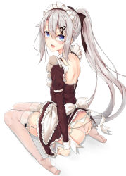 Rule 34 | 1girl, 9a-91 (girls&#039; frontline), absurdres, alternate costume, apron, ass, backless outfit, black dress, blue eyes, blush, bow, dress, from side, full body, garter belt, girls&#039; frontline, hair between eyes, hair ornament, hair ribbon, highres, letter hair ornament, long hair, long sleeves, looking at viewer, maid, maid headdress, no shoes, open mouth, panties, pink panties, ponytail, ribbon, shoulder blades, silver hair, sitting, so myeolchi, solo, thighhighs, underwear, wariza, white background, white thighhighs
