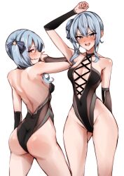 Rule 34 | absurdres, arm up, ass, backless swimsuit, black one-piece swimsuit, blue hair, blush, breasts, clenched teeth, collarbone, commission, covered navel, gluteal fold, groin, high side ponytail, highleg, highleg swimsuit, highres, hololive, hoshimachi suisei, medium breasts, mooninkyuu, multiple views, one-piece swimsuit, open mouth, purple eyes, simple background, skeb commission, swimsuit, teeth, thighs, v-shaped eyebrows, virtual youtuber, wavy hair, white background