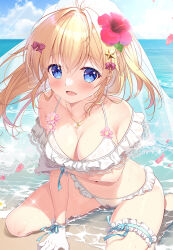 Rule 34 | 1girl, :d, arm support, arm under breasts, beach, bikini, blonde hair, blue eyes, blue sky, blush, breasts, cameltoe, cleavage, cloud, collarbone, day, flower, frilled bikini, frills, hair ornament, hair ribbon, hibiscus, horizon, jewelry, looking at viewer, medium breasts, mikeou, navel, necklace, ocean, open mouth, original, outdoors, partially submerged, red flower, ribbon, sitting, sky, smile, solo, star (symbol), star hair ornament, swimsuit, thigh strap, wariza, white bikini