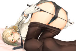 Rule 34 | 1girl, :&gt;, ass, bad id, bad pixiv id, bent over, black panties, black pantyhose, blonde hair, breasts, clothes pull, from behind, glasses, gloves, green eyes, holding, jacket, kantai collection, katori (kancolle), long sleeves, looking at viewer, pallad, panties, pantyhose, pantyhose pull, short hair, simple background, solo, underwear, uniform, white background, white gloves, white jacket
