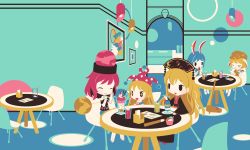 Rule 34 | + +, 5girls, american flag shirt, animal ears, bare shoulders, barefoot, belt, black belt, black dress, black eyes, black headwear, black shirt, blonde hair, blue dress, blue hair, blue shirt, blue skirt, blush, bow, bowtie, brown headwear, brown shirt, cafe, chair, chibi, closed eyes, closed mouth, clothes writing, clownpiece, cobalta, crescent, drawing (object), dress, eating, fairy wings, floor, food, glass, hair between eyes, hand up, hands up, hat, heart, heart print, hecatia lapislazuli, highres, ice, ice cream, jester cap, juice, junko (touhou), lamp, lemonade, long hair, long sleeves, looking at another, medium hair, menu, multicolored clothes, multicolored shirt, multicolored skirt, multiple girls, off shoulder, open mouth, paper, pink headwear, pink skirt, polka dot, pom pom (clothes), puffy short sleeves, puffy sleeves, rabbit ears, red footwear, red headwear, red shirt, red skirt, red vest, ringo (touhou), seiran (touhou), shirt, shoes, short hair, short sleeves, sitting, skirt, smile, spoon, star (symbol), striped clothes, striped shirt, t-shirt, tabard, table, touhou, vest, white shirt, wide sleeves, wings, yellow bow, yellow neckwear