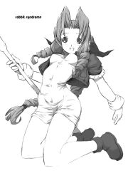 Rule 34 | 1990s (style), 1girl, aerith gainsborough, anklet, blush, braid, breasts, drill, final fantasy, final fantasy vii, full body, greyscale, hermmy, holding, jewelry, kneeling, long hair, looking at viewer, midriff, monochrome, navel, parted bangs, retro artstyle, simple background, single braid, solo, stomach, very long hair, white background
