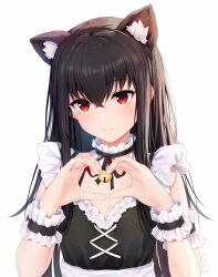 Rule 34 | 1girl, animal ear fluff, animal ears, apron, black hair, cat ears, cat girl, extra ears, heart, heart hands, highres, indie virtual youtuber, long hair, looking at viewer, maid, maid apron, red eyes, shibanme tekikumo, simple background, smile, virtual youtuber, white background, wrist cuffs, xingye (xing)