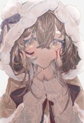 Rule 34 | 1girl, bow, brown eyes, brown hair, eyelashes, head rest, highres, hololive, hololive english, hood, hoodie, long hair, long sleeves, looking at viewer, messy hair, multicolored hair, nanashi mumei, nanashi mumei (casual), official alternate costume, resting, ribbon, shirt, simple background, smile, solo, somewhatdino, streaked hair, sweater, virtual youtuber, white background, white hoodie
