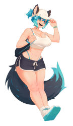 Rule 34 | 1girl, absurdres, animal ears, baseball cap, blue eyes, blue hair, breasts, cleavage, commentary, commission, dolphin shorts, english commentary, fang, full body, hair between eyes, haru feng, hat, highleg, highleg panties, highres, large breasts, looking at viewer, midriff, navel, navel piercing, open mouth, original, panties, piercing, ponytail, shorts, simple background, sleeveless, smartwatch, solo, tail, tank top, teeth, toned, tongue, underwear, watch, white background, wristwatch