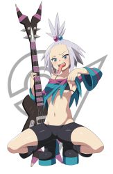 Rule 34 | 1girl, bass guitar, bike shorts, black bra, black footwear, blue eyes, blush, boots, bra, breasts, clothes lift, commentary, commission, creatures (company), forehead, full body, game freak, grey hair, gym leader, hair bobbles, hair ornament, highres, instrument, lifted by self, long tongue, navel, nintendo, open mouth, pixiv commission, platform boots, platform footwear, pokemon, pokemon bw2, roxie (pokemon), sharp teeth, shirt, shirt lift, solo, spiked hair, spread legs, squatting, striped clothes, striped shirt, suitenan, teeth, tongue, tongue out, topknot, underwear