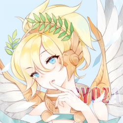 Rule 34 | 1girl, ancient greek clothes, blonde hair, blue background, blue eyes, dress, eyes visible through hair, feathered wings, fingers to mouth, greco-roman clothes, head wreath, high ponytail, laurel crown, looking at viewer, mechanical wings, mercy (overwatch), official alternate costume, open mouth, overwatch, overwatch 1, portrait, sevenann, short hair, short sleeves, simple background, solo, spread wings, toga, watermark, white dress, winged victory mercy, wings