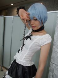 Rule 34 | 1girl, alternate costume, asian, ayanami rei, black skirt, blue hair, breasts, collar, color contacts, cosplay, frilled skirt, frills, goth fashion, indoors, lace, leash, makeup, mascara, miniskirt, namada, neon genesis evangelion, photo (medium), red eyes, short hair, skirt, small breasts, solo, standing