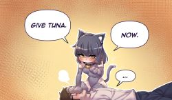 Rule 34 | ..., 1boy, 1girl, animal ears, animal hands, black hair, blouse, breasts, brown hair, cat ears, cat girl, cat tail, comic, covered navel, elbow gloves, english text, ermao wu, glasses, gloves, grey gloves, grey thighhighs, highres, leotard, lying, merryweather, on back, original, shirt, spoken ellipsis, tail, thighhighs, white shirt, yellow eyes