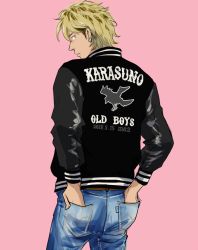 Rule 34 | 1boy, bad id, bad pixiv id, black jacket, blonde hair, blue pants, dated, denim, earrings, hands in pockets, jacket, jeans, jewelry, long sleeves, looking back, ma2, male focus, pants, pink background, simple background, solo, standing