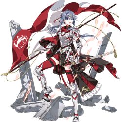 Rule 34 | 1girl, armor, armored boots, armored gloves, banner, blue eyes, boots, circlet, fu hua, full body, gauntlets, grey hair, holding, holding banner, holding sword, holding weapon, honkai (series), honkai impact 3rd, long hair, official art, solo, sword, thighhighs, third-party source, transparent background, weapon