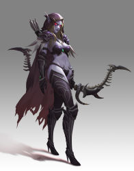 Rule 34 | absurdres, armor, bikini armor, blonde hair, boots, bow, unworn cloak, colored skin, elf, full moon, glowing, glowing eyes, highres, hood, long eyebrows, midriff, moon, navel, pointy ears, purple skin, quiver, red eyes, shoulder armor, solo, sylvanas windrunner, thigh boots, thighhighs, undead, warcraft, world of warcraft