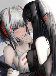 Rule 34 | 2girls, absurdres, antenna hair, arknights, bare shoulders, black choker, black hair, blush, breast press, choker, commentary, demon horns, face-to-face, from side, grabbing another&#039;s chin, grey background, hand on another&#039;s chin, highres, holding hands, horns, ines (arknights), interlocked fingers, light smile, long hair, looking at another, looking away, looking to the side, medium hair, multiple girls, orange eyes, parted lips, profile, red eyes, sidelighting, simple background, smile, symmetrical docking, tab head, tank top, upper body, w (arknights), white hair, white tank top, yuri