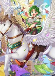 Rule 34 | 1girl, :d, armor, boots, breastplate, building, clothesline, commentary, company name, confetti, copyright name, day, elbow gloves, feathers, fire emblem, fire emblem: thracia 776, fire emblem cipher, gloves, green eyes, green hair, halberd, holding, holding weapon, horseback riding, karin (fire emblem), knee boots, looking at viewer, matsurika youko, nintendo, official art, open mouth, outdoors, pegasus knight uniform (fire emblem), polearm, red footwear, red gloves, reins, riding, saddle, smile, solo, spear, weapon, white armor, wings