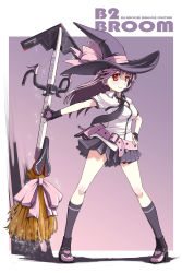 Rule 34 | 1girl, absurdres, belt, bow, broom, english text, engrish text, fingerless gloves, gloves, hand on own hip, hat, heart, highres, long hair, looking at viewer, magic, necktie, nonburn, original, purple hair, ranguage, red eyes, short sleeves, smile, witch hat