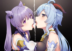 Rule 34 | 2girls, ahoge, bare shoulders, bell, black background, blue hair, blush, bow, breast press, breasts, choker, cowbell, cum, cum in mouth, cum on body, cum on breasts, cum on tongue, cum on upper body, cum string, detached sleeves, double bun, drinking, from side, ganyu (genshin impact), genshin impact, hair bow, hair bun, hair ornament, hairclip, half-closed eyes, hazuki (115483948), keqing (genshin impact), medium breasts, multiple girls, open mouth, purple eyes, purple hair, simple background, symmetrical docking, tongue, tongue out, upper body