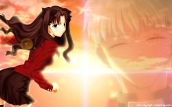 Rule 34 | 00s, 1boy, 1girl, archer (fate), fate/stay night, fate (series), takeuchi takashi, thighhighs, third-party edit, tohsaka rin, two side up, wallpaper