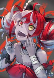 Rule 34 | 1girl, absurdres, bandaged arm, bandages, black dress, black nails, blood, blood on face, blood on hands, bow, commentary, double bun, dress, fingernails, grey background, hair bun, hand on own face, head tilt, heterochromia, highres, hololive, hololive indonesia, kureiji ollie, looking at viewer, mop (feer553648), multicolored hair, nail polish, open mouth, patchwork skin, puffy short sleeves, puffy sleeves, red bow, red eyes, ribbon, sarashi, sharp fingernails, sharp teeth, short sleeves, simple background, solo, stitched arm, stitched face, stitched torso, stitches, symbol-shaped pupils, teeth, torn clothes, torn dress, upper body, virtual youtuber, wrist ribbon, yellow eyes, zombie