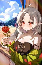 Rule 34 | 1girl, absurdres, aged up, ahoge, alternate breast size, bare shoulders, black camisole, blue sky, blush, book, breasts, camisole, cleavage, closed mouth, cloud, cloudy sky, collarbone, commentary, day, elf, fingernails, flower, green sweater, grey hair, highres, holding, holding flower, humany, large breasts, looking ahead, looking at object, medium hair, mountainous horizon, mushoku tensei, open book, outdoors, parted bangs, petals, pointy ears, red eyes, red flower, rose, sky, sleeveless, sleeves past wrists, smile, solo, strap slip, sweater, sylphiette (mushoku tensei), wheat