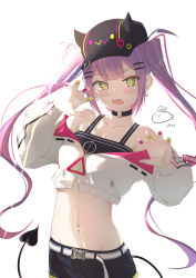 Rule 34 | 1girl, absurdres, artist name, baseball cap, belt, black camisole, black choker, black hat, black shorts, blush, breasts, camisole, choker, claw pose, cleavage, commentary, cowboy shot, cropped jacket, demon tail, earrings, english commentary, fang, green eyes, green nails, hair ornament, hairclip, halterneck, hat, highres, hololive, jacket, jewelry, long hair, looking at viewer, midriff, multicolored hair, multicolored nails, nail polish, navel, navel piercing, o-ring, o-ring choker, off shoulder, open mouth, piercing, pink hair, purple hair, purple nails, short shorts, shorts, simple background, small breasts, solo, streaked hair, tail, tokoyami towa, twintails, two-tone hair, usagi poi, virtual youtuber, white background, white jacket