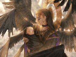 Rule 34 | 2girls, baby, baby carry, black choker, black robe, black veil, black wings, brown hair, carrying, choker, closed eyes, closed mouth, commentary, earrings, ema3, facing another, facing down, facing up, feathered wings, fingernails, gold trim, halo behind head, highres, holding baby, jewelry, long fingernails, long sleeves, mother miranda, multiple girls, profile, resident evil, resident evil village, robe, rosemary winters, sharp fingernails, short hair, stud earrings, upper body, veil, veins, wings