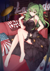 Rule 34 | 1girl, bare legs, bare shoulders, barefoot, black collar, black dress, black gloves, breasts, brick wall, bridal garter, can, closed mouth, collar, commentary, couch, cymbals, dress, drink can, drum, drum set, feet on chair, frilled dress, frills, full body, girls&#039; frontline, gloves, green hair, hand in own hair, highres, holding, holding microphone, indoors, instrument, knees together feet apart, large breasts, liu lan, long dress, long hair, m950a (concert diva!) (girls&#039; frontline), m950a (girls&#039; frontline), microphone, official alternate costume, pillow, single glove, sitting, smile, soda can, solo, star (symbol), thigh strap, twintails, v-shaped eyebrows, yellow eyes