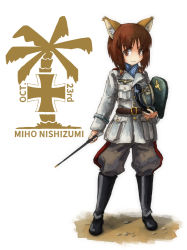Rule 34 | 10s, 1girl, afrika korps, animal ears, bad id, bad pixiv id, belt, birthday, black footwear, boots, brown eyes, brown hair, character name, commentary, cross, dated, erwin rommel, fox ears, full body, gaditava, girls und panzer, goggles, goggles on headwear, hat, holding, holding clothes, holding hat, iron cross, kemonomimi mode, knee boots, logo, looking at viewer, matching hair/eyes, military, military uniform, nishizumi miho, palm tree, peaked cap, reichsadler, riding crop, scarf, short hair, simple background, smirk, solo, tree, uniform, unworn hat, unworn headwear, wehrmacht, white background, world war ii
