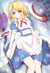 Rule 34 | 1girl, apron, blonde hair, blue dress, breasts, collared dress, dress, elbow gloves, frilled apron, frills, gloves, grass, hat, hat ribbon, highres, kana anaberal, lying, medium breasts, no parking sign, on back, outdoors, puffy short sleeves, puffy sleeves, red ribbon, revision, ribbon, road sign, short hair, short sleeves, sign, snow, sun hat, suspenders, thighs, touhou, touhou (pc-98), wendell, white apron, white gloves, white headwear, yellow eyes