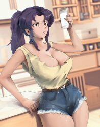 Rule 34 | 1girl, alternate breast size, bare legs, belt, breasts, brown eyes, cleavage, cowboy shot, cup, curvy, denim, denim shorts, drinking glass, female focus, frown, glass, high ponytail, highres, holding, holding cup, indoors, katsuragi misato, large breasts, long hair, milk, miss faves, neon genesis evangelion, ponytail, purple hair, shiny skin, short shorts, shorts, solo, thick thighs, thighs, twitter username, wide hips