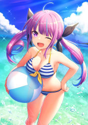 Rule 34 | 1girl, ;d, ahoge, armpits, ball, bare arms, bare shoulders, beachball, bikini, braid, breasts, cleavage, cloud, collarbone, colored inner hair, day, front-tie bikini top, front-tie top, glint, hair ribbon, halterneck, hand on own hip, highres, holding, hololive, large breasts, light rays, long hair, looking at viewer, minato aqua, minato aqua (hololive summer 2019), multicolored hair, navel, nishino eri, one eye closed, open mouth, outdoors, purple eyes, purple hair, ribbon, sidelocks, sky, smile, solo, standing, stomach, streaked hair, string bikini, striped bikini, striped clothes, sunbeam, sunlight, swimsuit, thighs, twintails, two-tone hair, very long hair, virtual youtuber